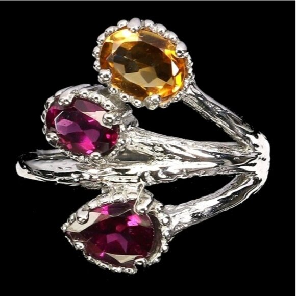 925 Sterling Silver Ring Sz 7.25 with Natural Citrine 7x5mm & Rhodolite Garnet - Picture 1 of 2